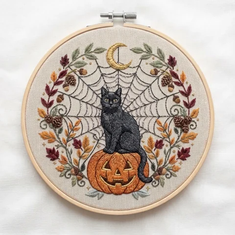 Black Cat Web Jack O Lantern hand embroidery design
