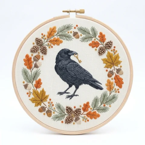 Black Corvid Golden Key Autumn Woodland Wreath hand embroidery design