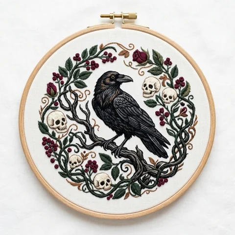 Black Corvid Skulls Burgundy Botanical Wreath hand embroidery design
