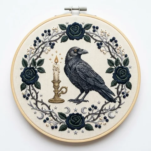 Black Crow Candle Midnight Rose Wreath hand embroidery design