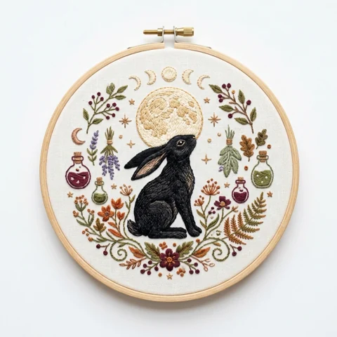 Black Rabbit with Moon Phases Four Potion Bottles and Botanical Wreath hand embroidery design