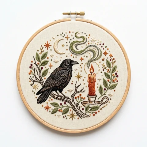 Raven, Burning Candle and Celestial Botanicals hand embroidery design