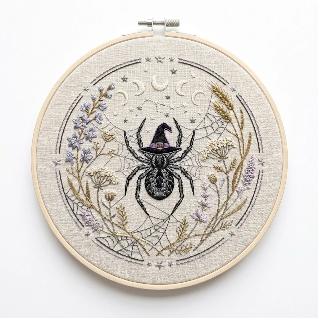 Black Spider with Purple Witch Hat Moon Phases Celestial Spiderweb colored hand embroidery design