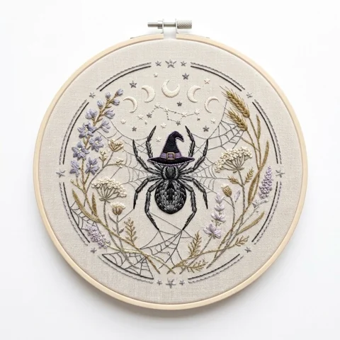 Black Spider with Purple Witch Hat Moon Phases Celestial Spiderweb hand embroidery design