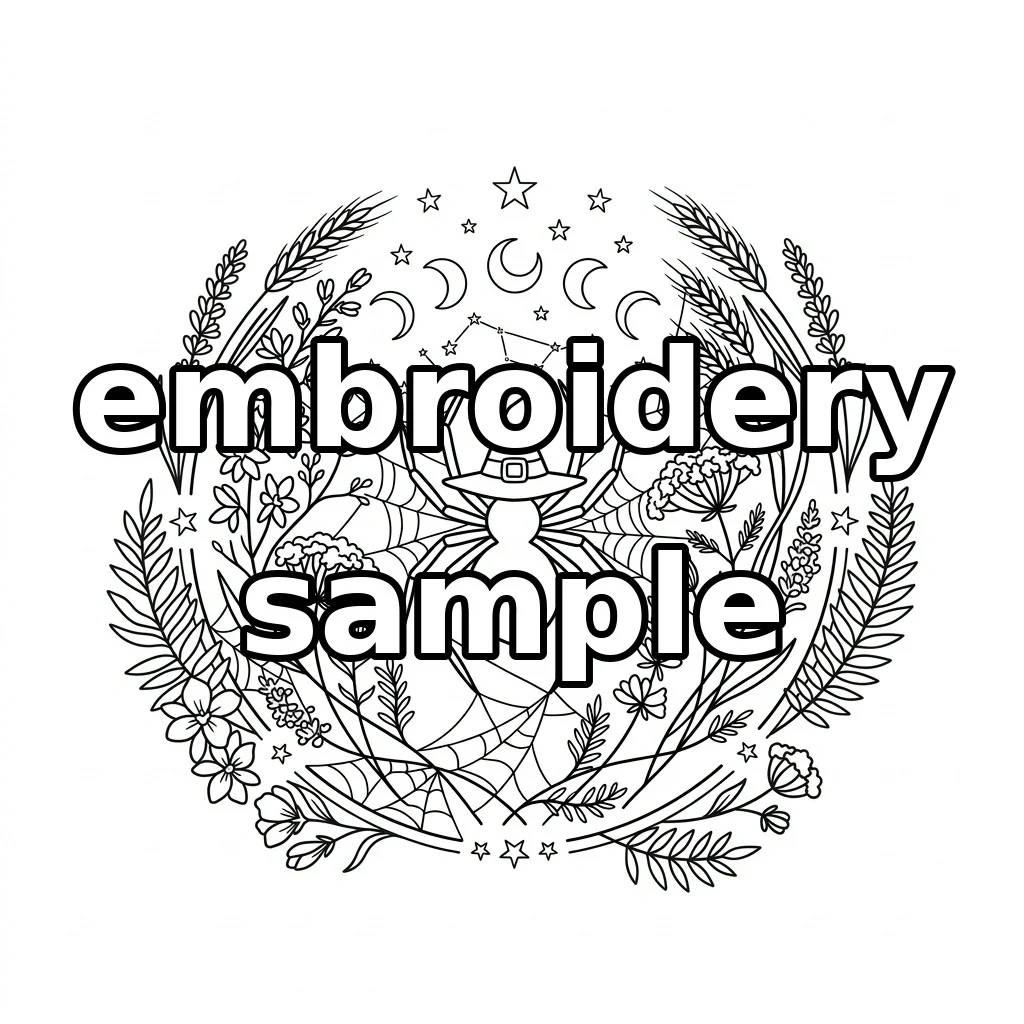 Watermarked Black Spider with Purple Witch Hat Moon Phases Celestial Spiderweb embroidery outline
