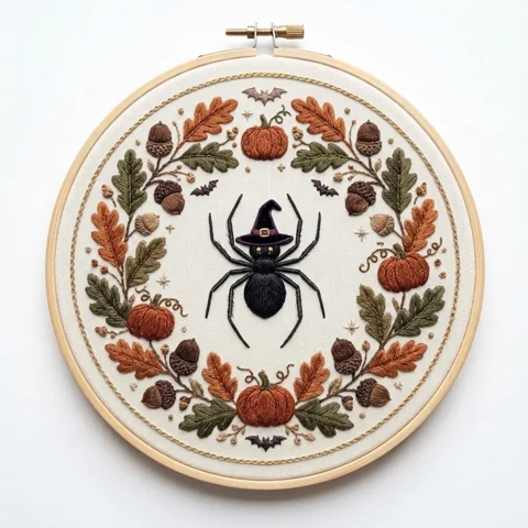 Purple Witch-Hat Spider, Rust Pumpkins and Acorns hand embroidery design