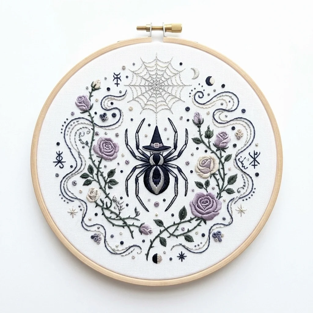 Black Spider with Witch Hat Lavender Roses Central Spiderweb colored hand embroidery design