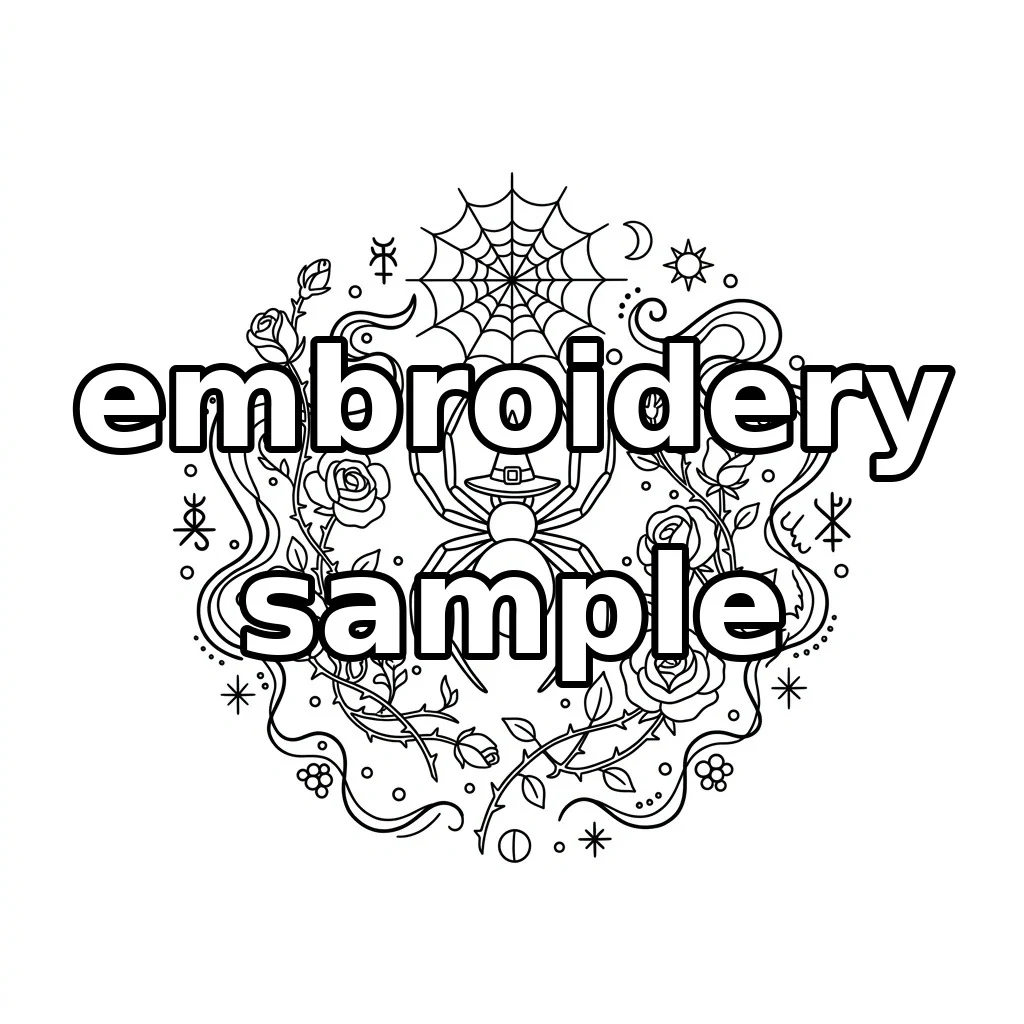 Watermarked Black Spider with Witch Hat Lavender Roses Central Spiderweb embroidery outline