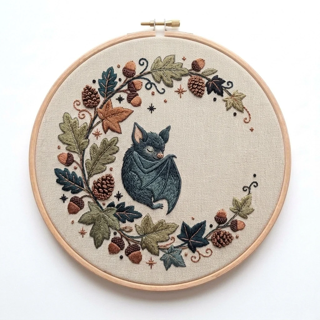 Blue Black Bat Woodland Floral Ring colored hand embroidery design