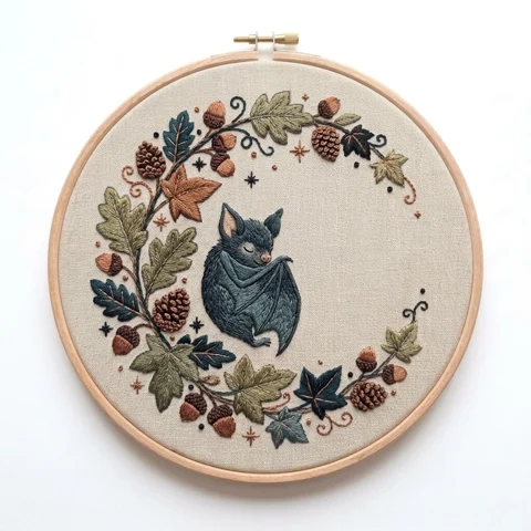 Blue Black Bat Woodland Floral Ring hand embroidery design