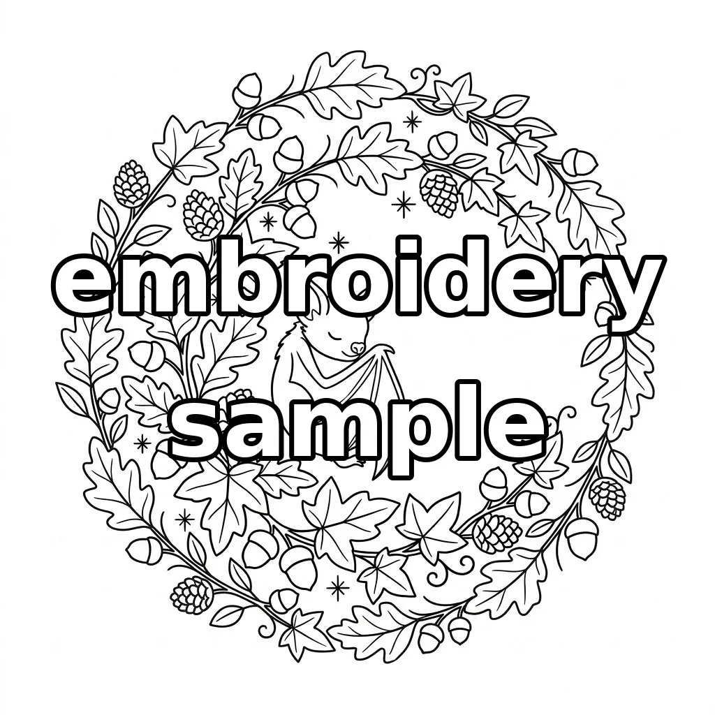 Watermarked Blue Black Bat Woodland Floral Ring embroidery outline