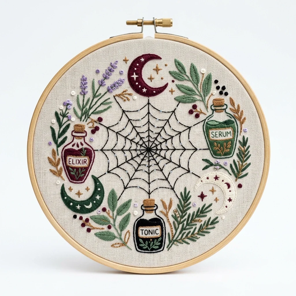 Botanical Spider Web with Potion Bottles and Crescent Moons colored hand embroidery design