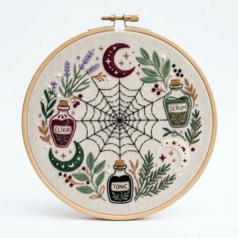 Botanical Spider Web with Potion Bottles and Crescent Moons hand embroidery design