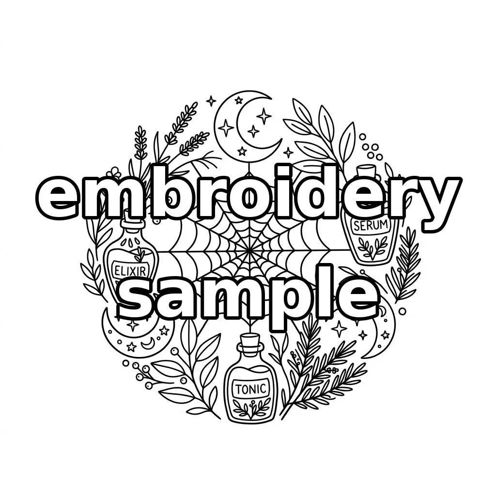 Watermarked Botanical Spider Web with Potion Bottles and Crescent Moons embroidery outline