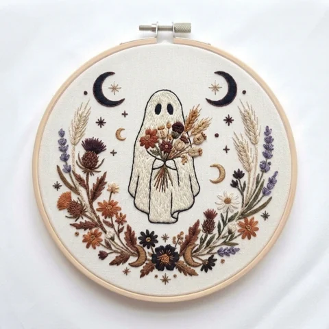 Bouquet Ghost Autumn Floral Crescent Wreath hand embroidery design