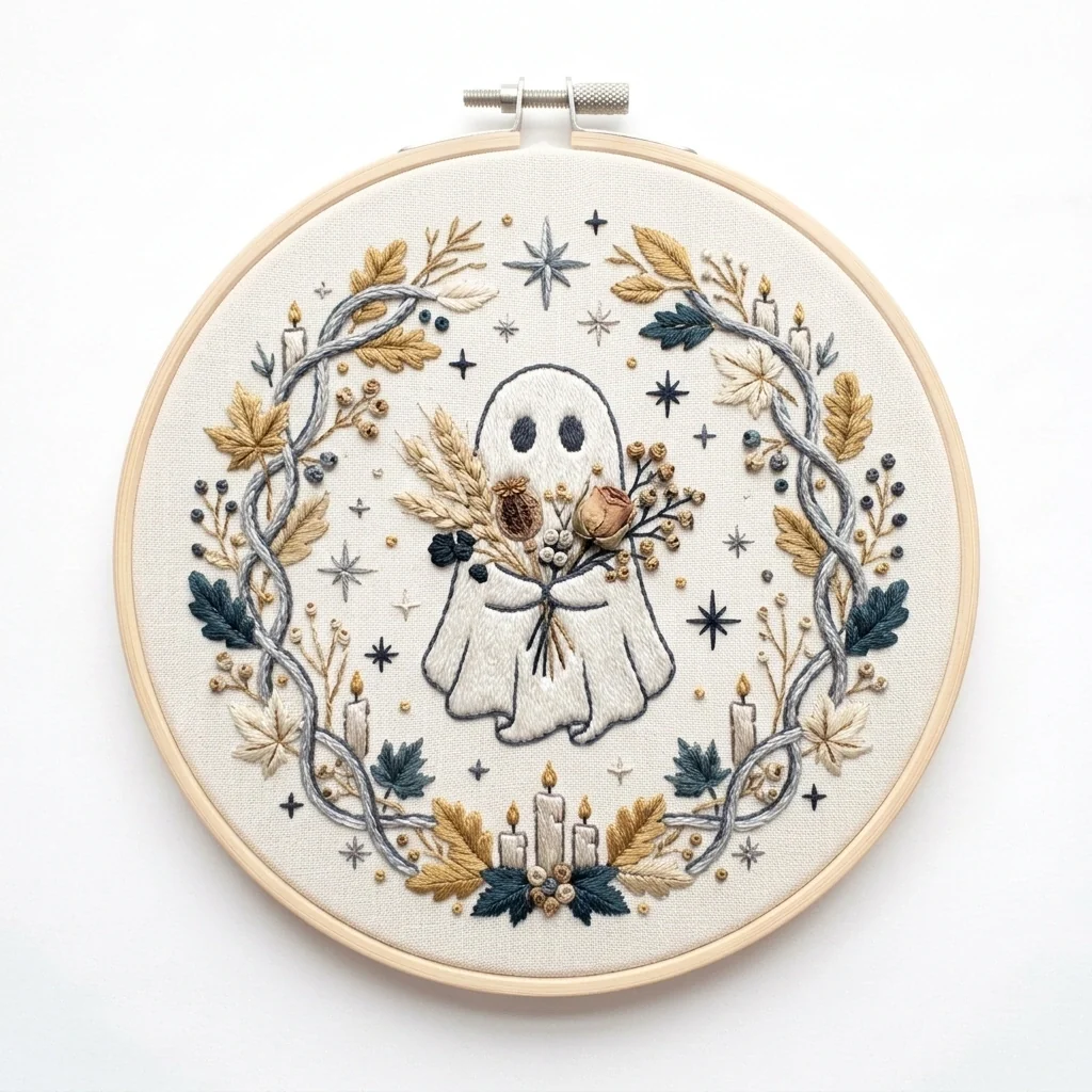 Bouquet Ghost, Candles and Winter Botanical Wreath colored hand embroidery design