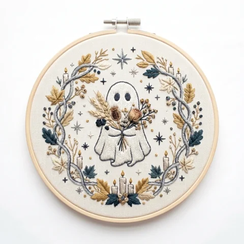 Bouquet Ghost, Candles and Winter Botanical Wreath hand embroidery design