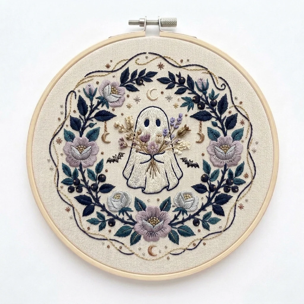 Bouquet Ghost Floral Wreath Crescent Garden colored hand embroidery design
