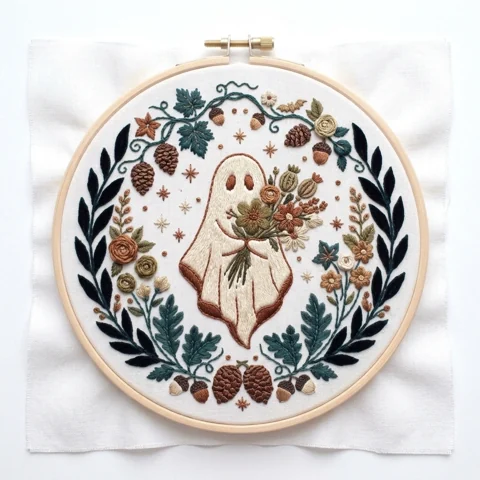 Bouquet Ghost and Autumn Pinecone Wreath hand embroidery design