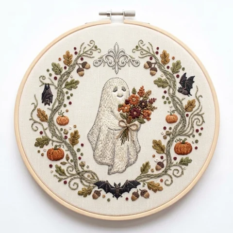 Bouquet Ghost Pumpkins Oak Acorn Wreath hand embroidery design