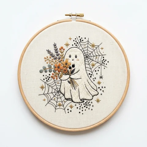 Bouquet Ghost Spider Webs Autumn Floral Wreath hand embroidery design