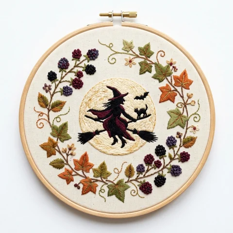 Broom Riding Witch with Black Cat Bat and Autumn Blackberry Wreath hand embroidery design