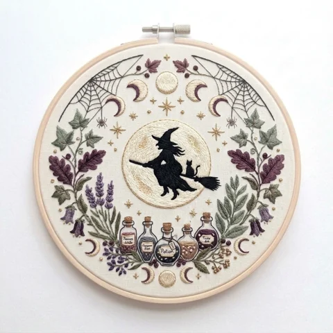 Broom Riding Witch with Black Cat Potion Bottles Spider Webs and Moon hand embroidery design