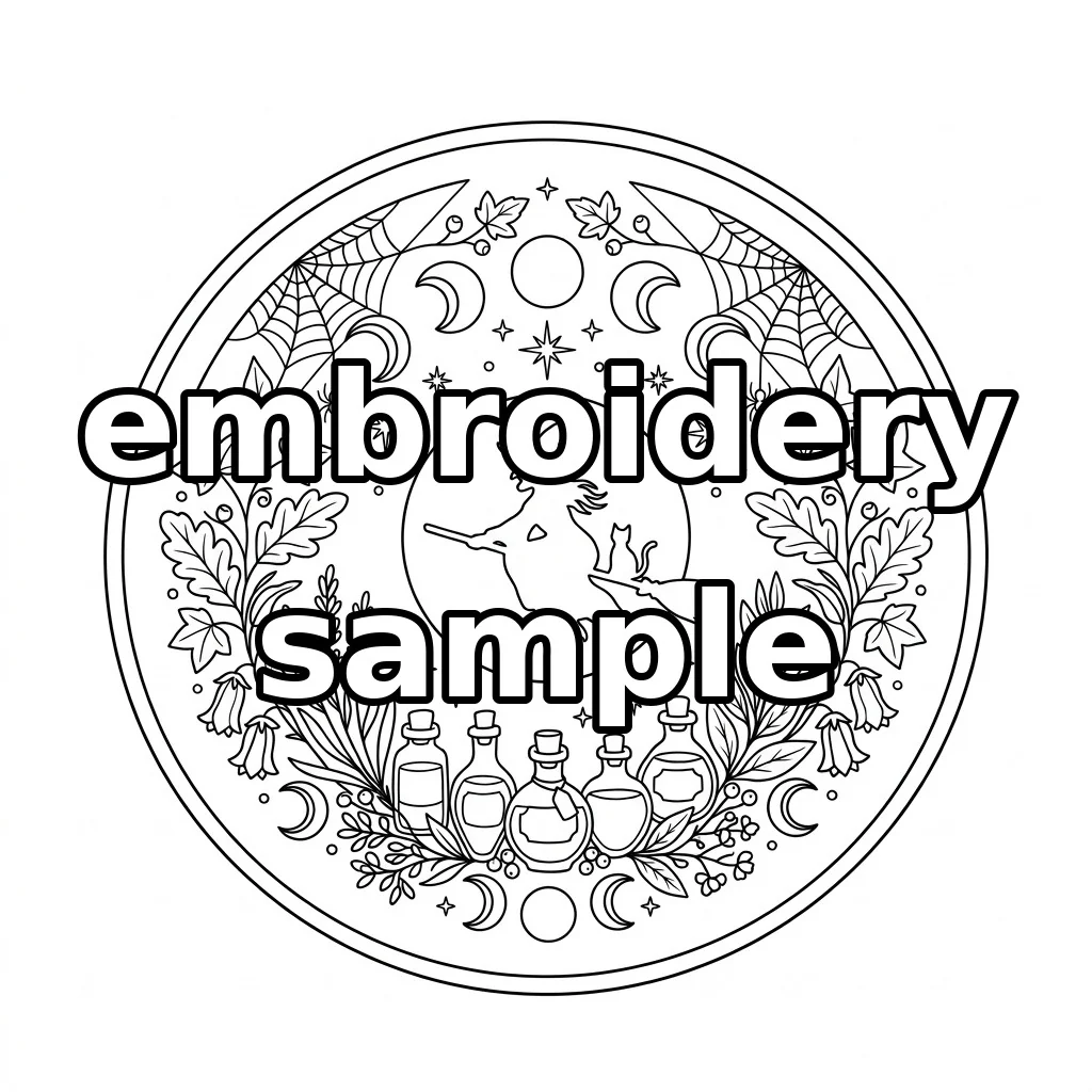 Watermarked Broom Riding Witch with Black Cat Potion Bottles Spider Webs and Moon embroidery outline