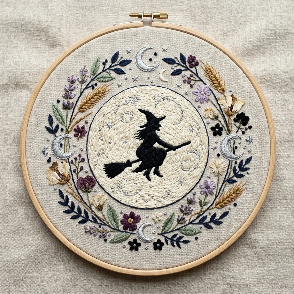 Broom Riding Witch with Full Moon Crescents Wheat and Lavender colored hand embroidery design