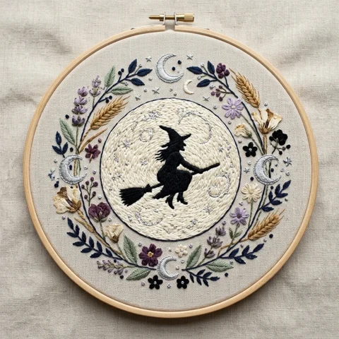 Broom Riding Witch with Full Moon Crescents Wheat and Lavender hand embroidery design