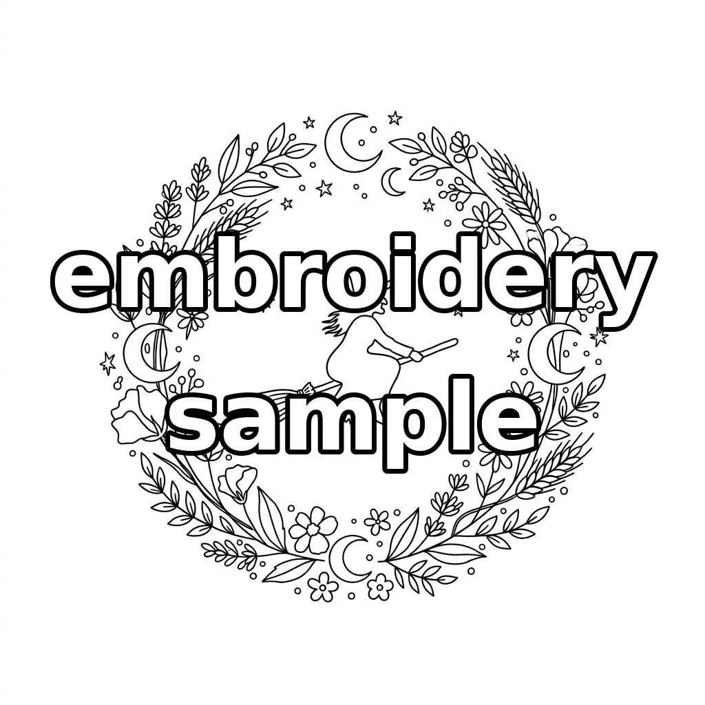 Watermarked Broom Riding Witch with Full Moon Crescents Wheat and Lavender embroidery outline