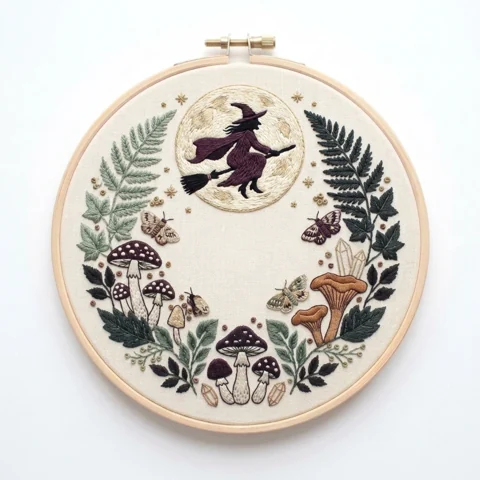 Broom-Riding Witch and Woodland Crystals hand embroidery design