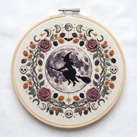 Broom Riding Witch with Full Moon Roses Skulls and Moon Phase Berry hand embroidery design