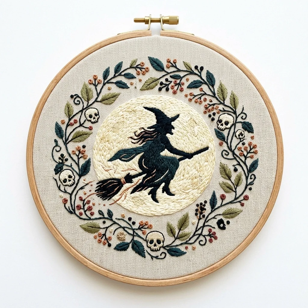 Broom Riding Witch with Full Moon Six Skulls and Autumn Berry Wreath colored hand embroidery design