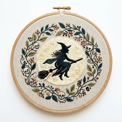 Broom Riding Witch with Full Moon Six Skulls and Autumn Berry Wreath hand embroidery design