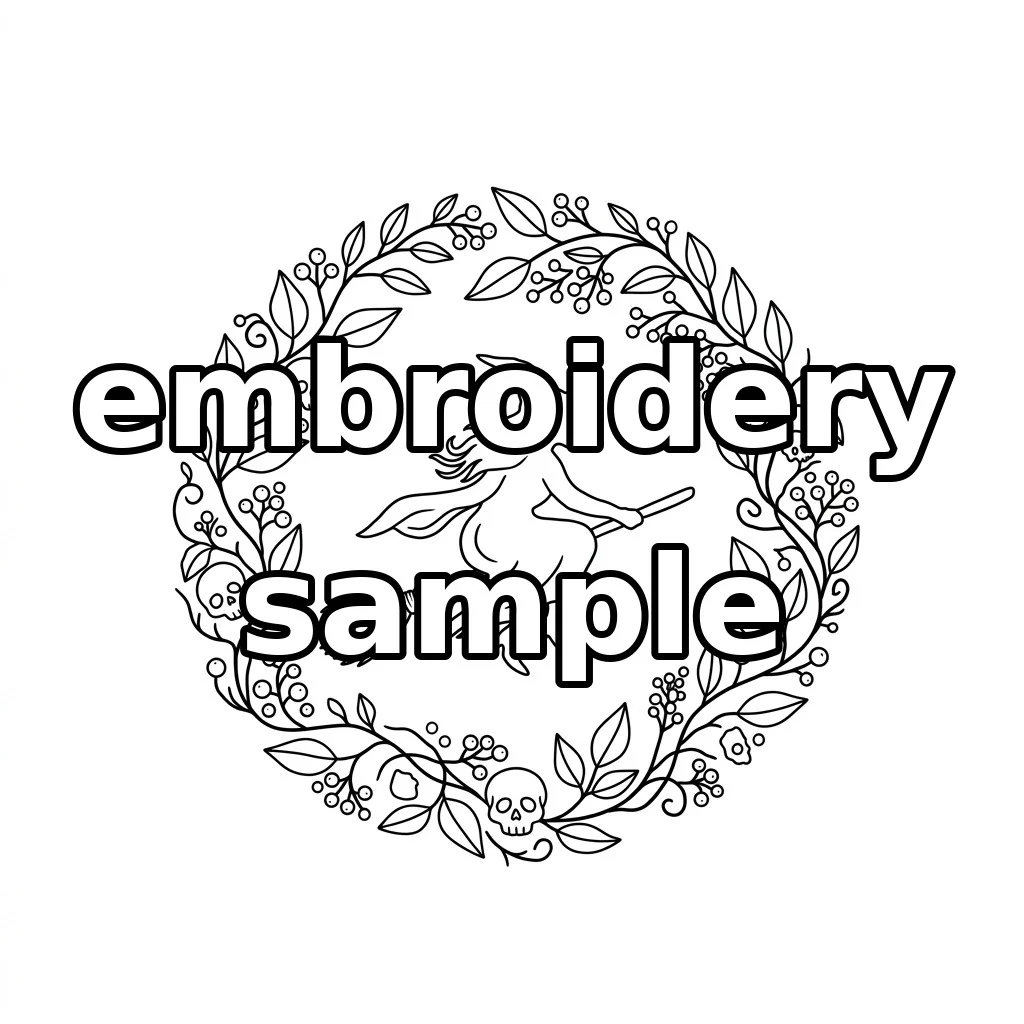 Watermarked Broom Riding Witch with Full Moon Six Skulls and Autumn Berry Wreath embroidery outline