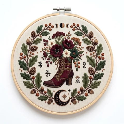 Burgundy Boot Woodland Hoop hand embroidery design