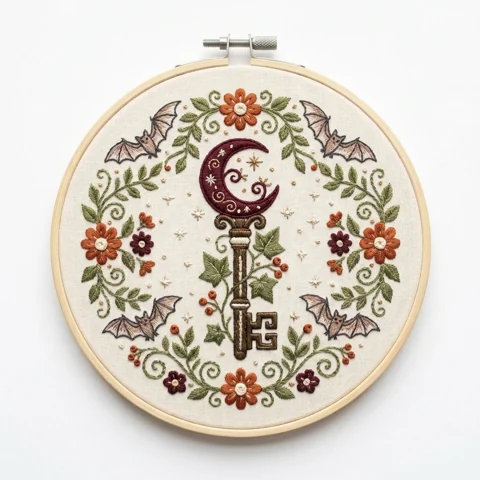 Burgundy Crescent Key with Bats Autumn Florals and Olive Wreath hand embroidery design