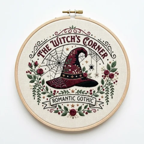 Burgundy Witch Hat with Spider Webs Roses and Romantic Gothic Banner hand embroidery design