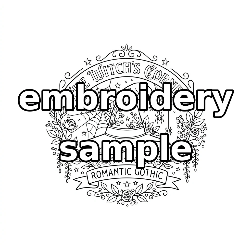Watermarked Burgundy Witch Hat with Spider Webs Roses and Romantic Gothic Banner embroidery outline