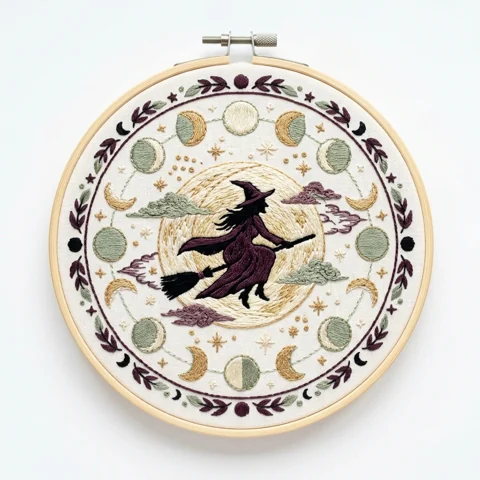 Burgundy Witch with Full Moon Moon Phases Stars and Botanical Wreath hand embroidery design
