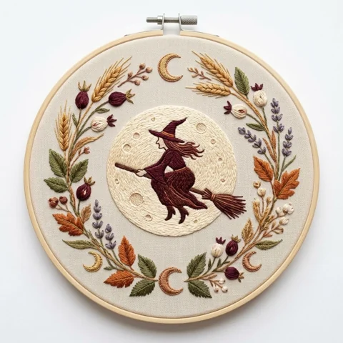 Burgundy Witch with Full Moon Wheat Lavender and Autumn Crescent hand embroidery design
