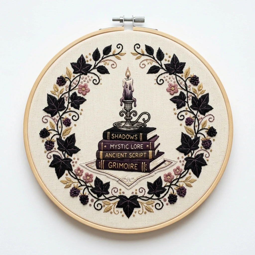 Candle Grimoire colored hand embroidery design