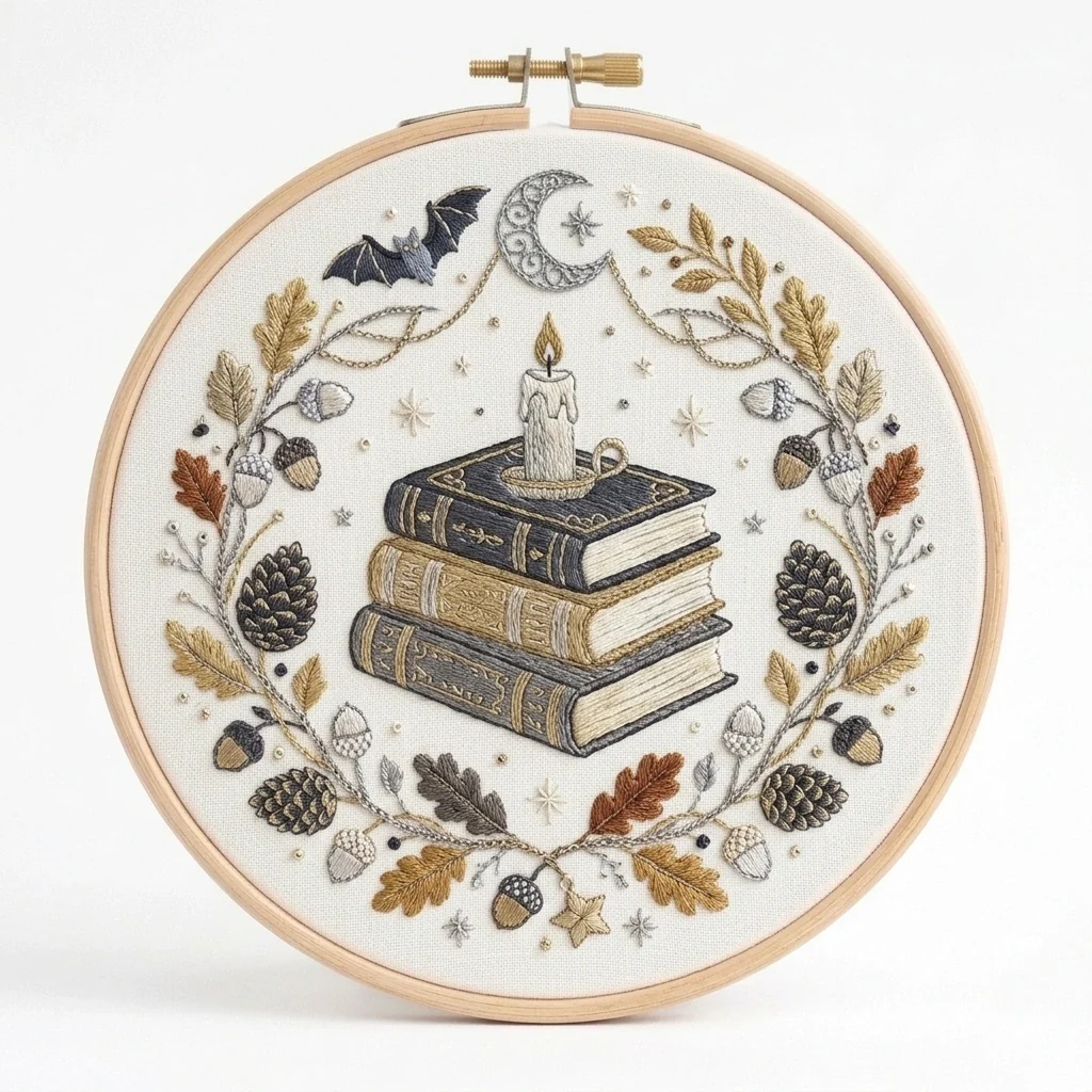 Candle Spell Books colored hand embroidery design