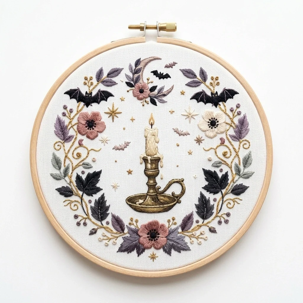 Candlelight Bat Floral Wreath colored hand embroidery design