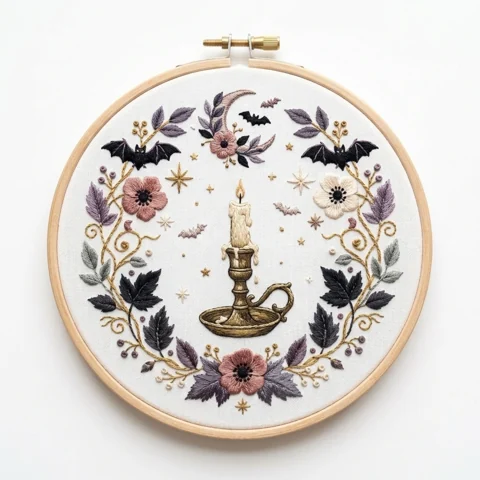 Candlelight Bat Floral Wreath hand embroidery design