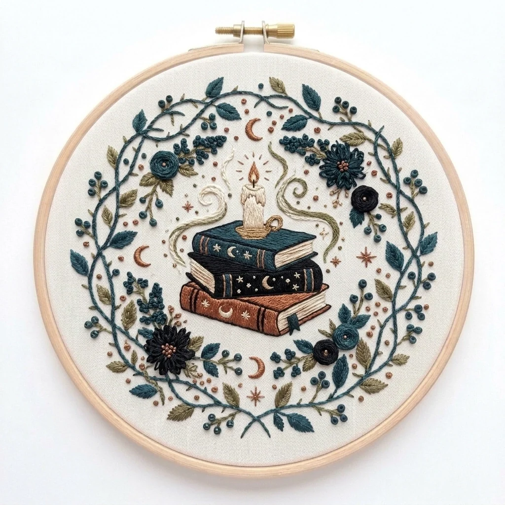 Candlelit Books with Midnight Florals and Celestial Wreath colored hand embroidery design