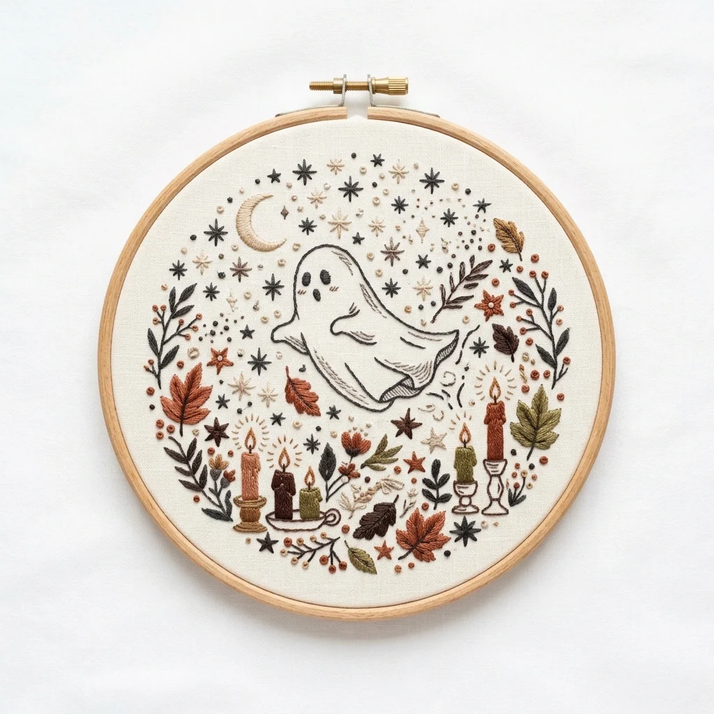 Candlelit Ghost Crescent Autumn Botanical Wreath colored hand embroidery design