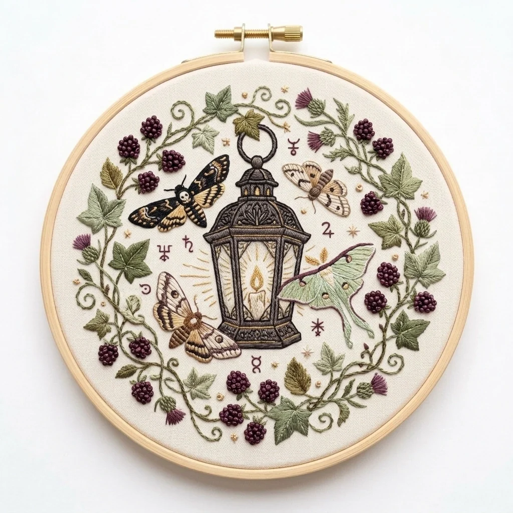 Candlelit Gothic Lantern, Moths and Ivy colored hand embroidery design