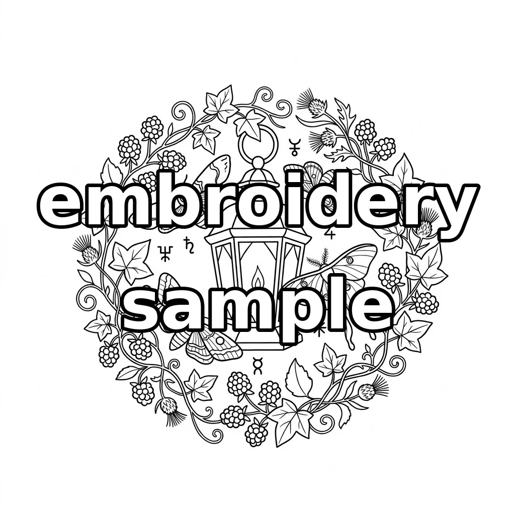 Watermarked Candlelit Gothic Lantern, Moths and Ivy embroidery outline